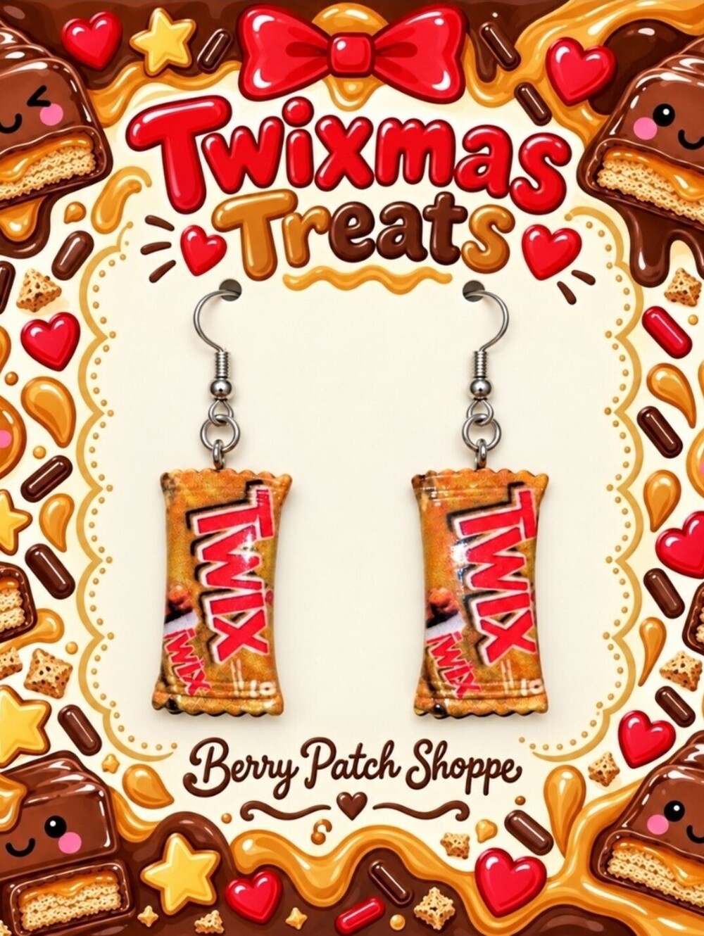 Chocolate Kawaii Fun Mini Twix Candy Bar Earrings